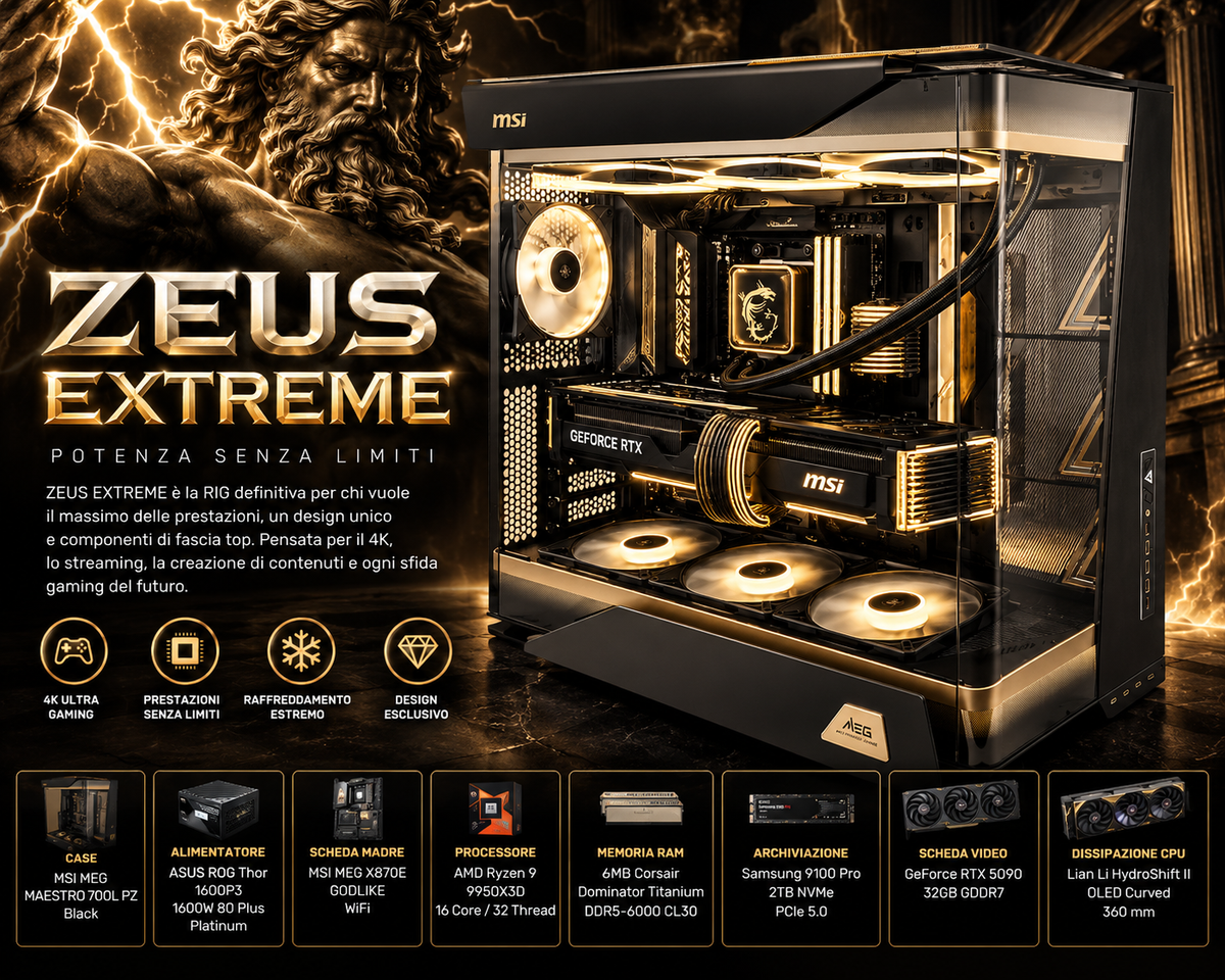 RIG ZEUS EXTREME – Ryzen 9 9950X3D2 • GeForce RTX 5090 SUPRIM SOC 32GB • 64GB DDR5 RGB • 2TB NVMe PCIe 5.0