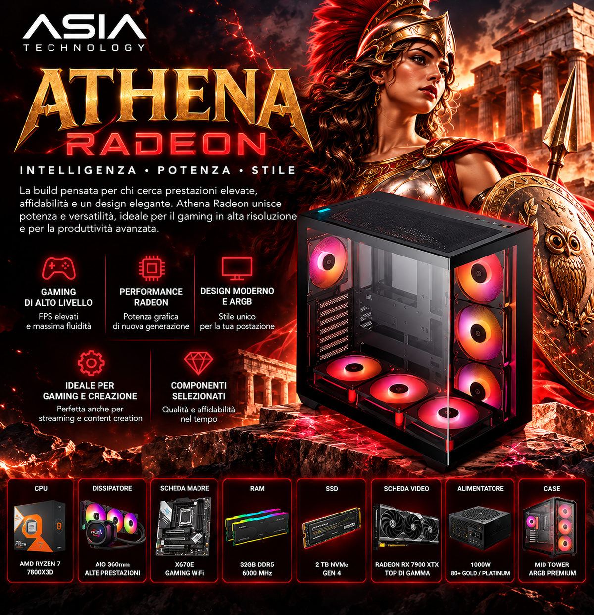 RIG ATHENA RADEON – Ryzen 5 7500X3D • Radeon RX 9070 16GB • 32GB DDR5 RGB • SSD NVMe 1TB