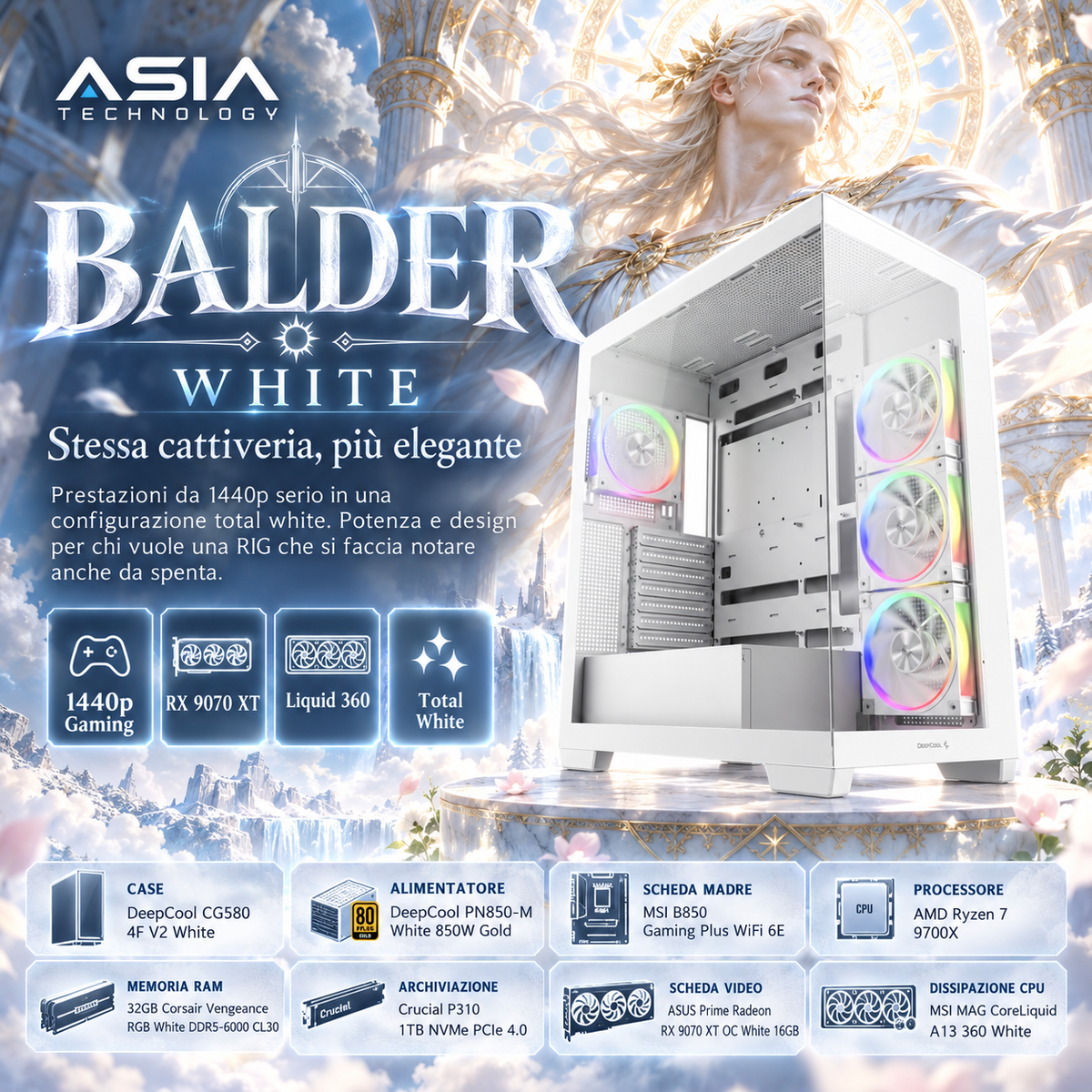 RIG BALDER WHITE – Ryzen 7 9700X • Radeon RX 9070 XT 16GB • 32GB DDR5 RGB • SSD NVMe 1TB