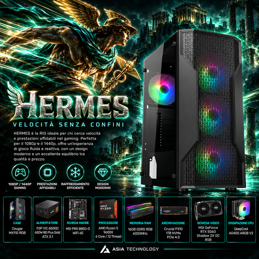 RIG HERMES - Ryzen 5 9600X • GeForce RTX 5060 8GB • 16GB DDR5 RGB • SSD NVMe 1TB