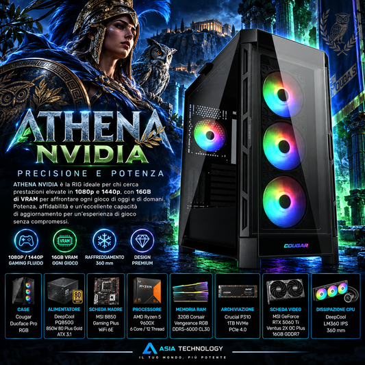 RIG ATHENA NVIDIA – Ryzen 5 9600X • GeForce RTX 5060 Ti 16GB • 32GB DDR5 RGB • SSD NVMe 1TB